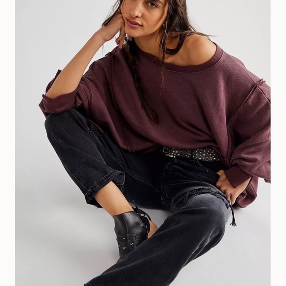 ♥️ NWOT Free People Camden Sweatshirt Pullover in Chocolate/Brandywine M ♥️$78 - Picture 2 of 7